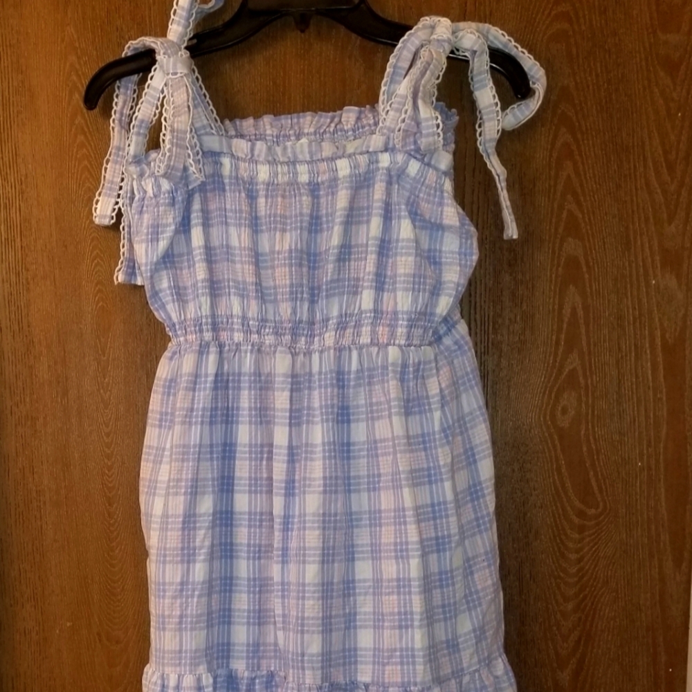 Light Blue Plaid Tie-Shoulder Sundress